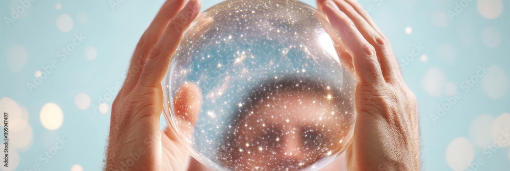 Poster reflective astronomy hands adjusting telescope with starry lens reflection