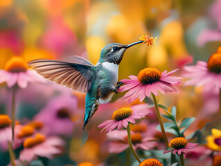 Fototapeta premium A vibrant hummingbird feeding on flowers in a colorful garden.
