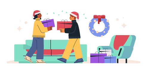 People exchanging gifts Christmas scene festive living room cozy atmosphere holiday decor sofa wreath colorful packages