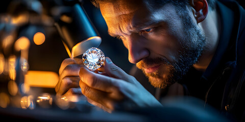 A jeweler inspects a large diamond under a microscope, focusing on its clarity and quality.