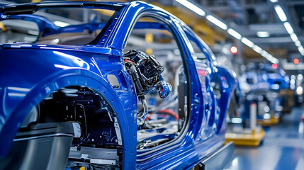 Fototapeta premium Blue Car Chassis on Assembly Line, Automotive Manufacturing Process in Factory