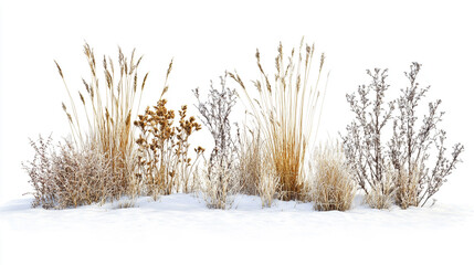 Winter Plants  Snow Covered Grass and Shrubs  Frosty Border