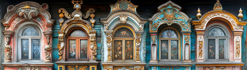 Ornate Vintage Windows, A Colorful Architectural Panorama of  Intricate  Carvings and Painted Glass Details.