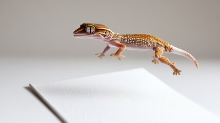 Obraz premium A crested gecko leaps over a white textured surface