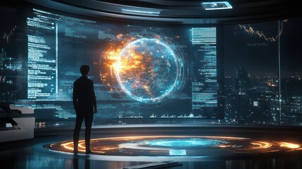 High-tech AI analyzing energy stock trends, floating holograms and vibrant visualizations, sleek futuristic design, 