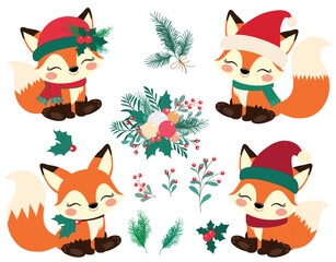 Collection of cute Christmas Fox and Christmas decorative elements design on white background.