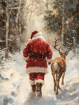 14h An oil painting depicting Santa Claus and his reindeer walking through a snowy winter forest, creating a festive Christmas mood. The scene is viewed from behind, with snow falling in the light bac