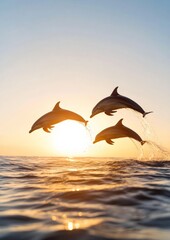 Naklejka premium Captivating Dolphins in Flight Dawn Over the Ocean