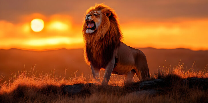 A majestic lion roars against a sunset backdrop in a serene landscape.