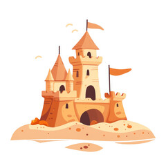 Sandcastle isolated on white background. Flat cartoon illustration