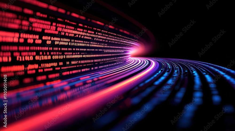 Poster vibrant light trails representing digital data flow in a dark background