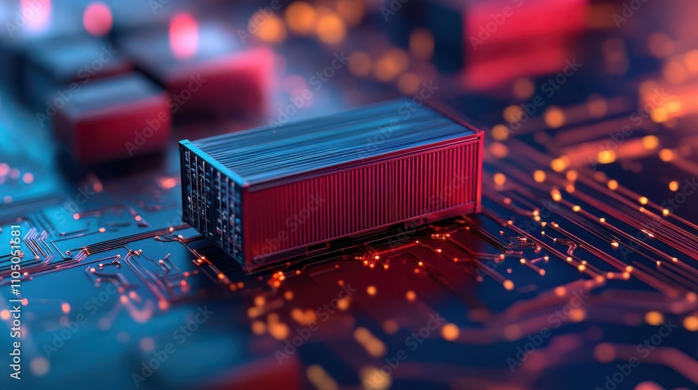 Poster sleek microchip on a vibrant circuit board background