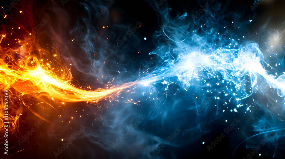 Poster fiery & icy abstract background, dynamic energy streams clash, creating a mesmerizing visual spectac