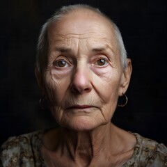 the face of a bald elderly woman after chemotherapy