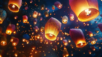 A vibrant close-up captures colorful lanterns glowing in mid-air, illuminating joyful faces, with intricate designs that embody hope and unity.