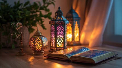 Elegant Eid Lanterns with Quran on a Wooden Table
