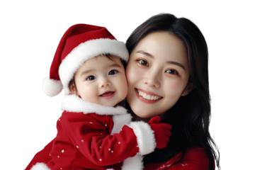 Mother cradling her baby, both dressed in festive holiday sweaters and hats, celebrating their first Christmas together with joy isolated on transparent png background.