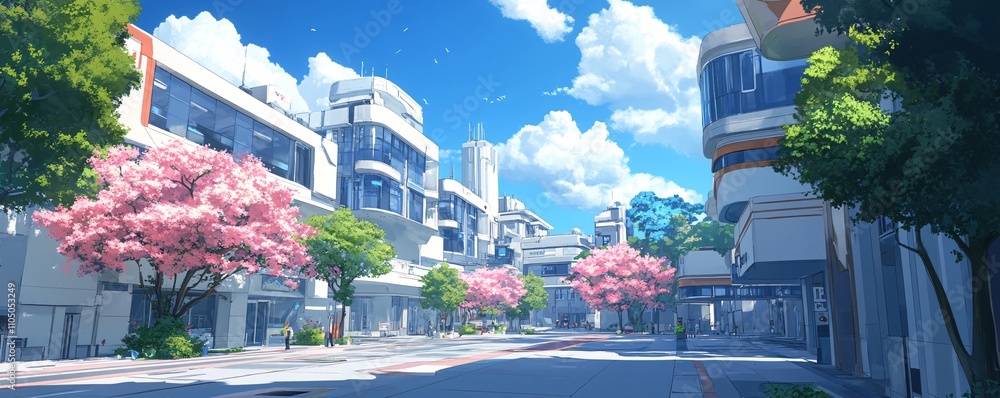 Poster a high-tech utopia with clean, sleek architecture and robots, anime style