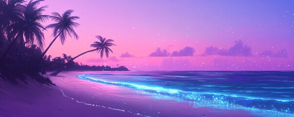 A serene beach with palm trees and bioluminescent waves, anime style