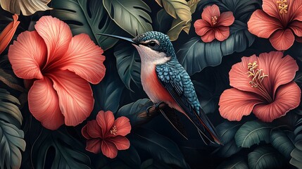 A dazzling hummingbird perched among lush, colorful flowers in a tropical rainforest, highlighting the vibrancy of the ecosystem.