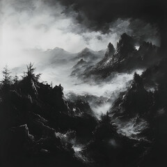 Obraz premium Monchromatic Mountainous Landscape, A Dramatic, Fog-Shrouded Vista of Peaks and Valleys, Majestically Rendered in Shades of Gray.