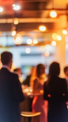 Dynamic networking event with business professionals and warm lighting ambiance