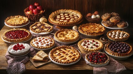 National Pie Day features a delightful array of freshly baked pies on a wooden table, inviting all pie enthusiasts to indulge in this festive celebration.