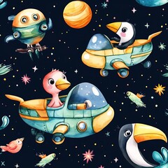 Naklejka premium Whimsical Watercolor Spaceship Pattern with Playful Animal Pilots Soaring Through Cosmic Galaxies