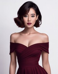 Fototapeta premium studio portrait of a brunette model with short hair wearing a low cut dark red bordeaux dress with nude shoulders on white background, fashion photography 