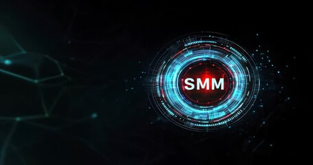 Futuristic logo with SMM in digital style, circular composition with blue and red tones, showcasing advanced social media marketing tools, SMM branding, tech driven marketing, digital solutions