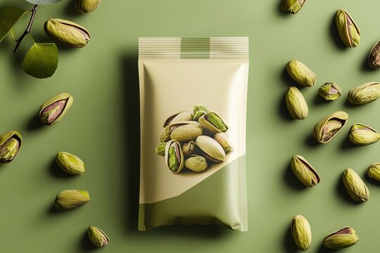 A pistachio packaging mockup with a stand-up pouch and scattered nuts on a green background.