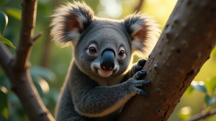 Naklejka premium Capture a close-up of a koala perched on a eucalyptus branch, focusing on its fluffy ears, round nose, and gentle eyes. The peaceful scene evokes tranquility and endearment.