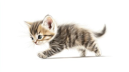 Obraz premium Adorable Tabby Kitten Walking Gracefully on White Background
