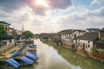 The ancient architectural complex and canal scenery of Qiandeng Ancient Town in Suzhou, Jiangsu Province, China