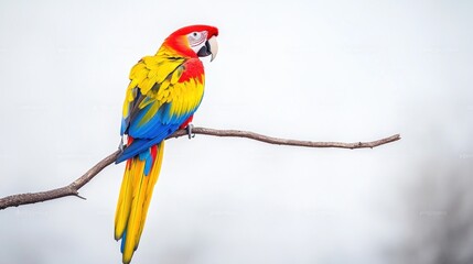 A Colorful Macaw Perched on a Branch Against a White Sky