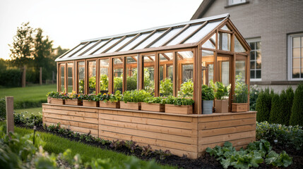 Recycle upcycling management concept. A wooden greenhouse with glass panels stands in a garden, showcasing various plants under natural light.