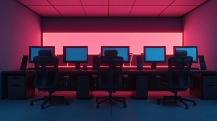 high tech focus room featuring multiple computer monitors and ergonomic chairs, illuminated by vibrant neon lights, creating modern and dynamic workspace atmosphere