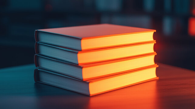 Stack of four glowing books on wooden table, creating warm ambiance. soft light highlights edges, inviting readers to explore their contents