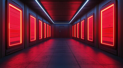 Fototapeta premium futuristic corridor with glowing red lights and sleek walls creates avant garde atmosphere. modern design evokes sense of innovation and self improvement