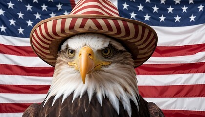 Naklejka premium Patriotic Bald Eagle in a Festive Hat Against the American Flag: A Symbol of National Pride
