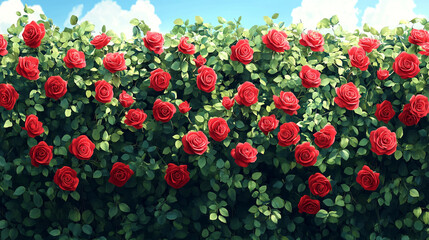 Lush Red Rose Hedge  Blooming Roses  Summer Flowers