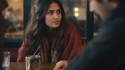 young indian couple sitting at coffee cafe
