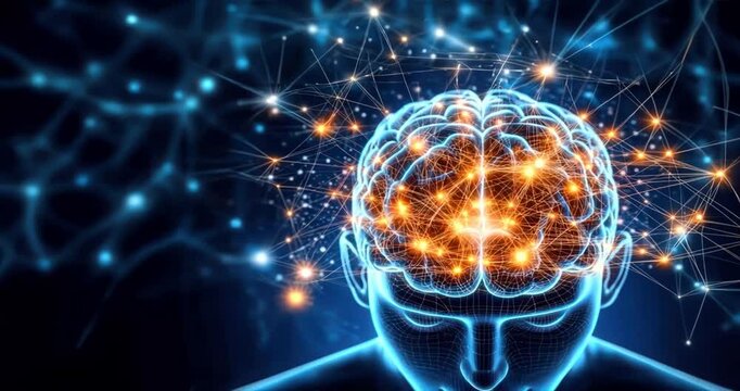 Digital human brain glowing with connections between thoughts, representing ais role in filtering ideas and links to ms symptoms and sclerosis related neural innovations
