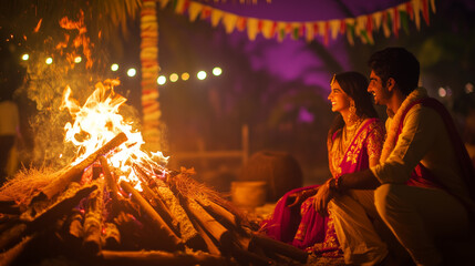On the Lohri festival there is a pair of male and female dancers next to a bonfire burning on a pile of wood. golden yellow flame. Ai generated images