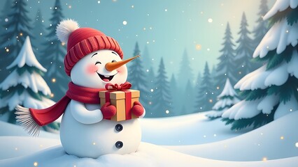 A Christmas snowman with a gift box in the winter forest.