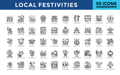 Local festivities icon set with community celebrations, neighborhood festivals, town events, regional fairs, cultural gatherings, annual parades, folklore festivals icon. Simple handdrawn vector 
