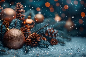 Festive Christmas Arrangement with Glittering Ornaments and Pine Cones in Snowy Setting