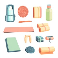 Obraz premium Camping Gear Illustration: Rolled Mats, Backpack, Bottle, and More