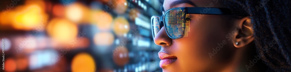 Poster a woman with glasses focuses closely on a digital screen showing data and abstract forms, illuminate
