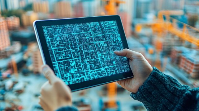 Digital tablet displaying an imaginary cadastral map for building permits, set against a backdrop of urban planning and construction.